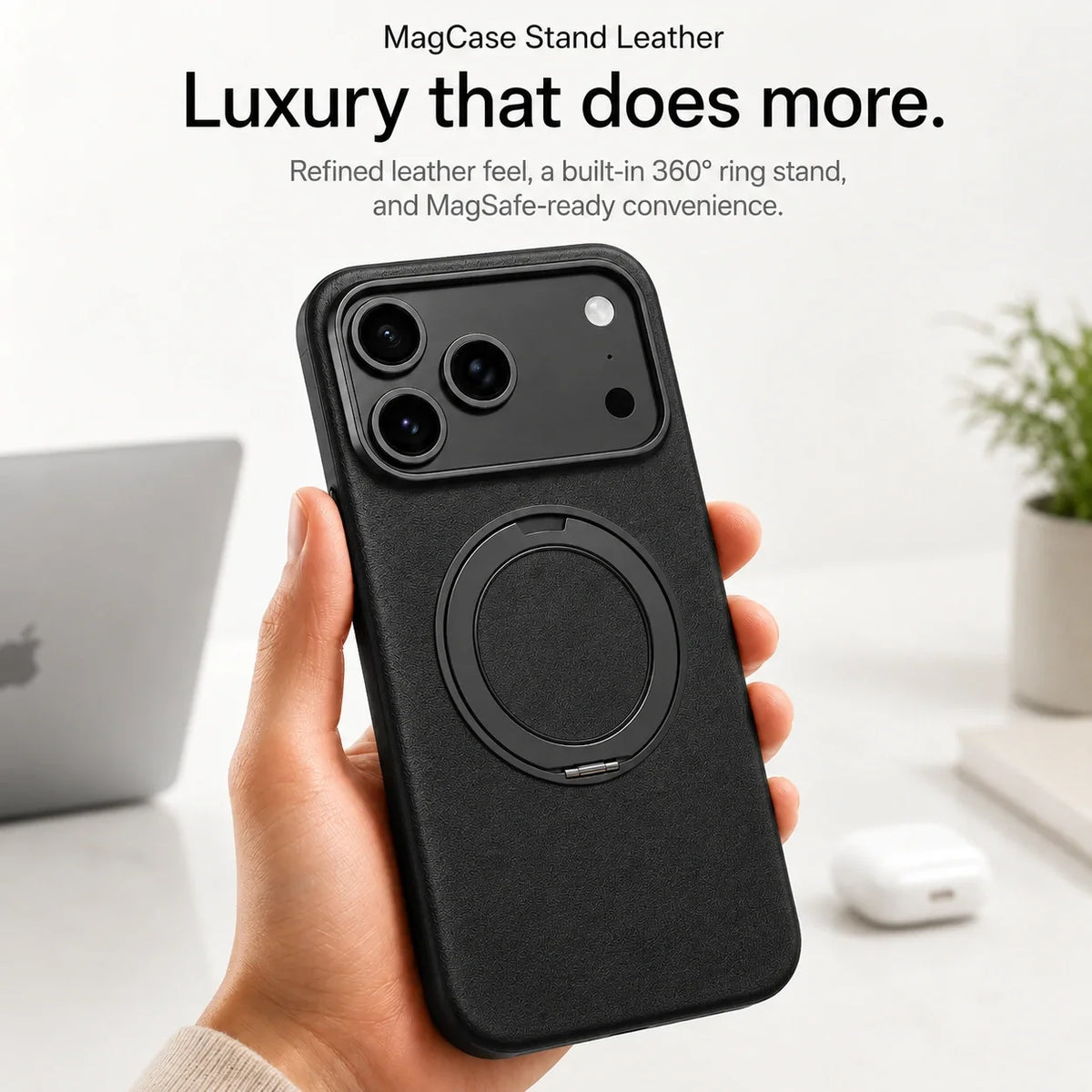 Leather Phone Case with Folding Ring Stand