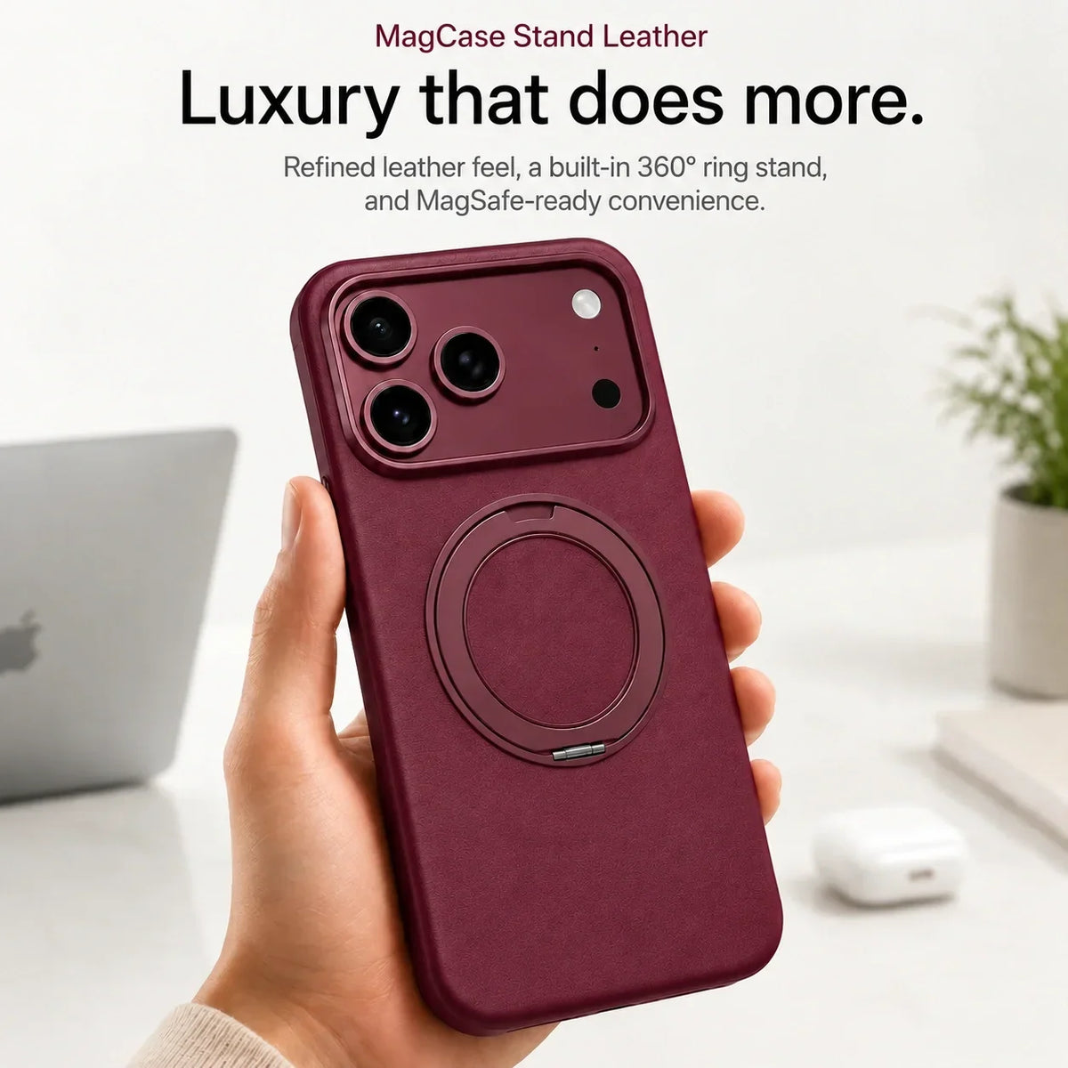 Leather Phone Case with Folding Ring Stand