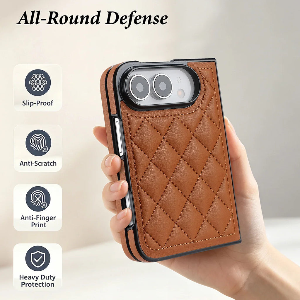 Quilted Leather Foldable Phone Case with Hinge Protection