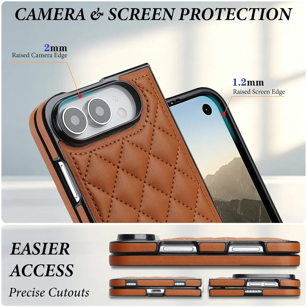 Quilted Leather Foldable Phone Case with Hinge Protection