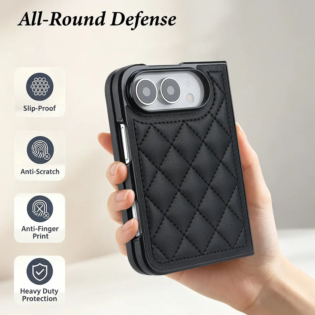 Quilted Leather Foldable Phone Case with Hinge Protection