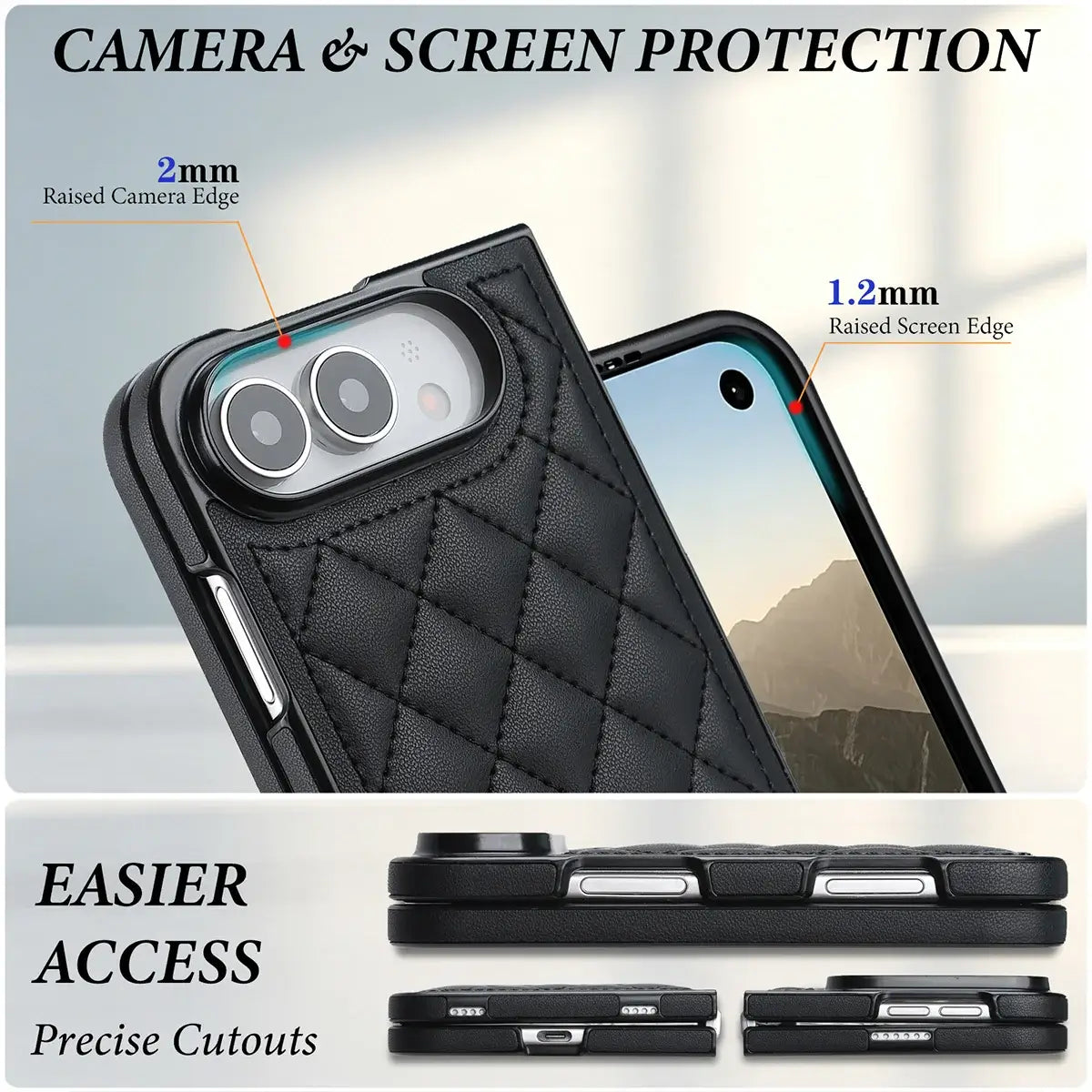 Quilted Leather Foldable Phone Case with Hinge Protection
