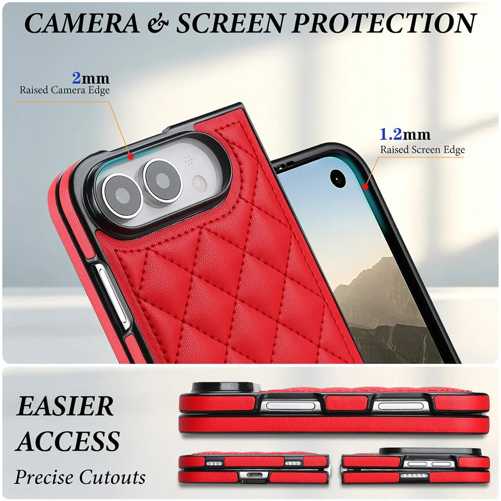 Quilted Leather Foldable Phone Case with Hinge Protection