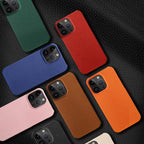 Premium Grain Leather Look iPhone Case Open Edge Design with Exposed Buttons