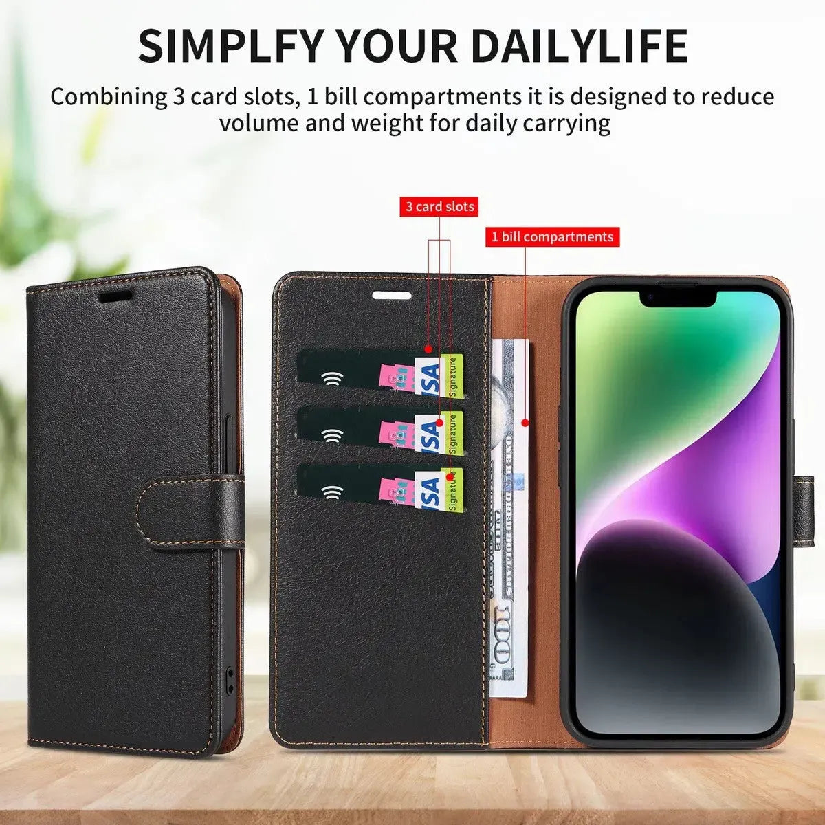 Leather Flip Wallet iPhone Case with Card Slots