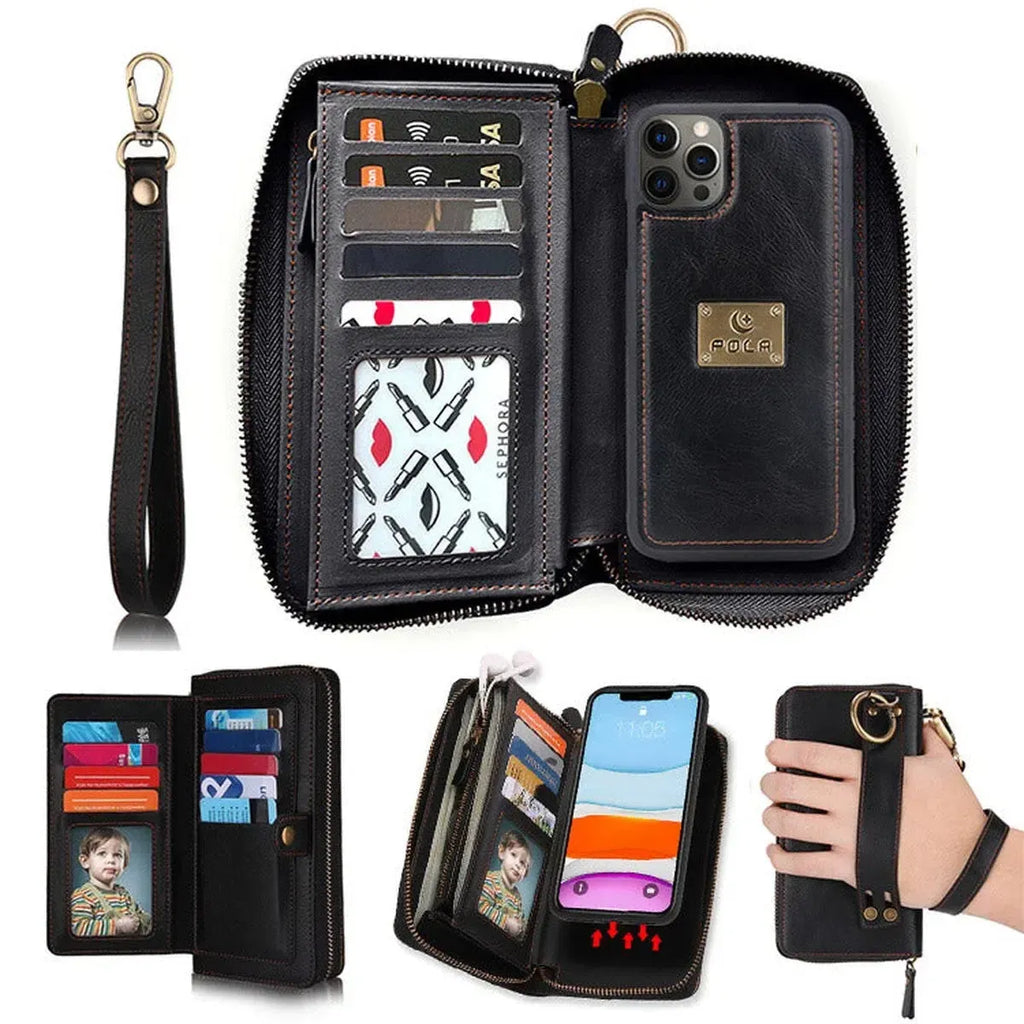Zipper Wallet iPhone Case with Detachable Phone Holder