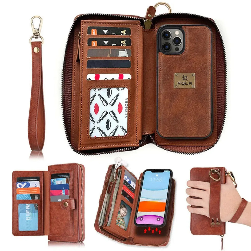 Zipper Wallet iPhone Case with Detachable Phone Holder