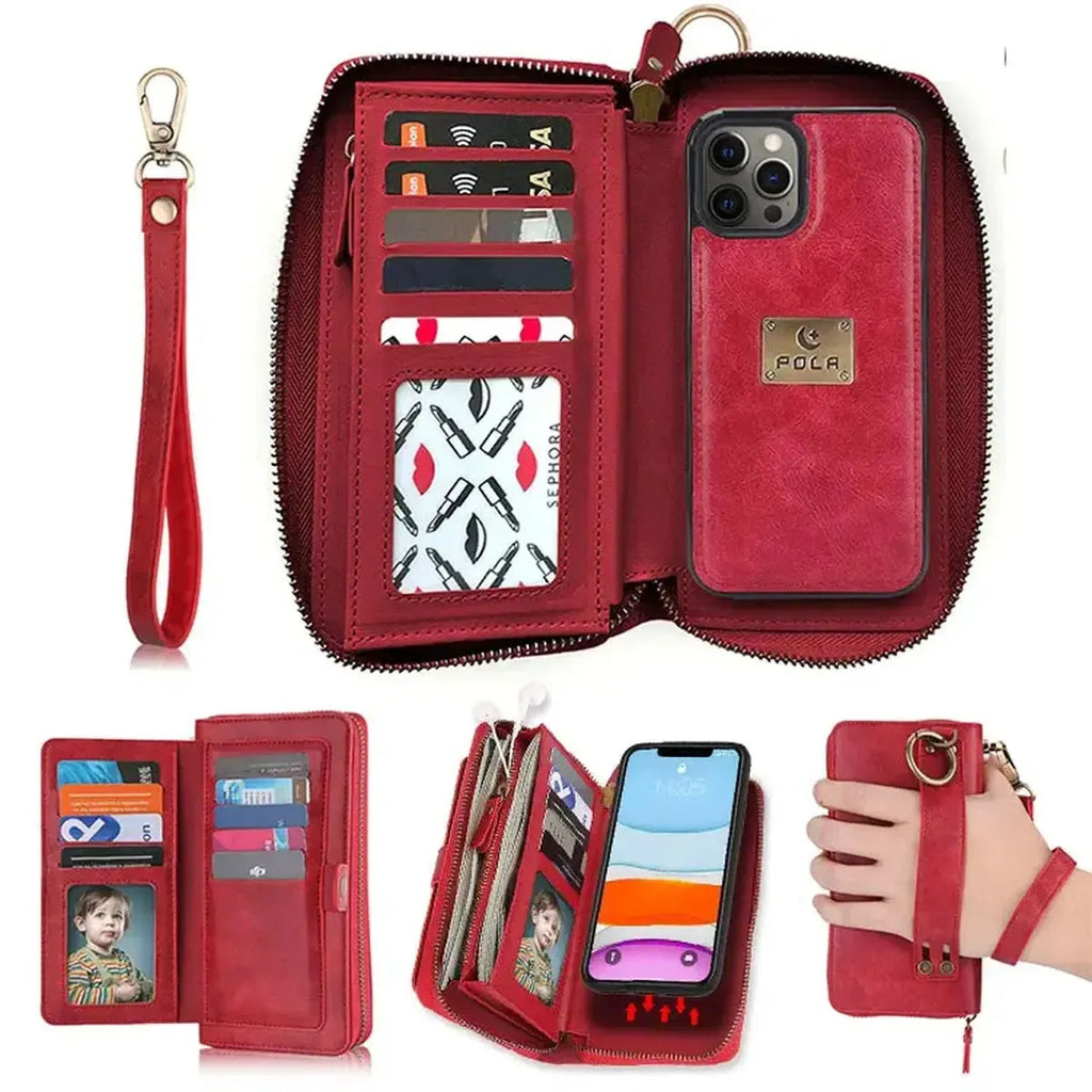 Zipper Wallet iPhone Case with Detachable Phone Holder