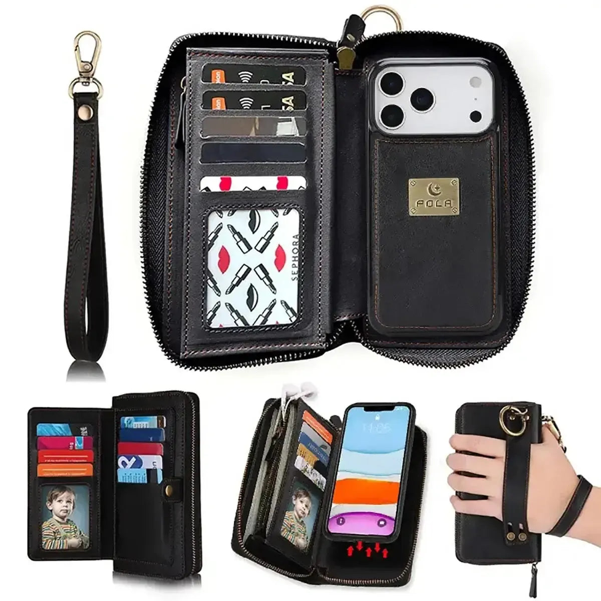 Zipper Wallet iPhone Case with Detachable Phone Holder