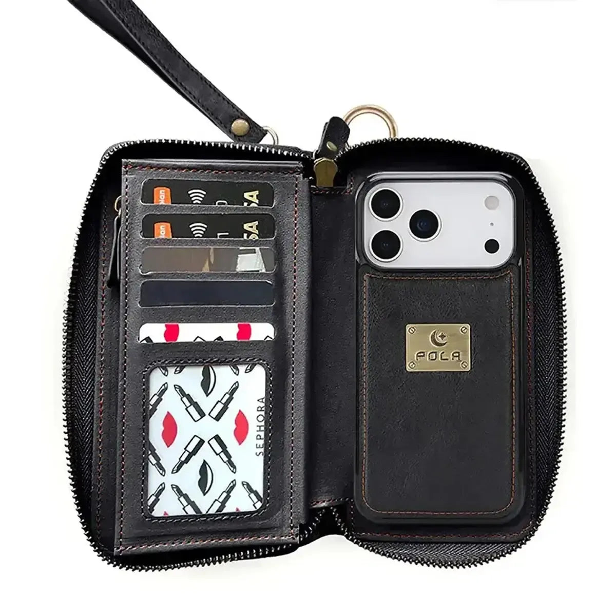 Zipper Wallet iPhone Case with Detachable Phone Holder