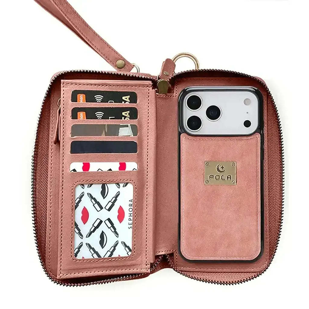 Zipper Wallet iPhone Case with Detachable Phone Holder