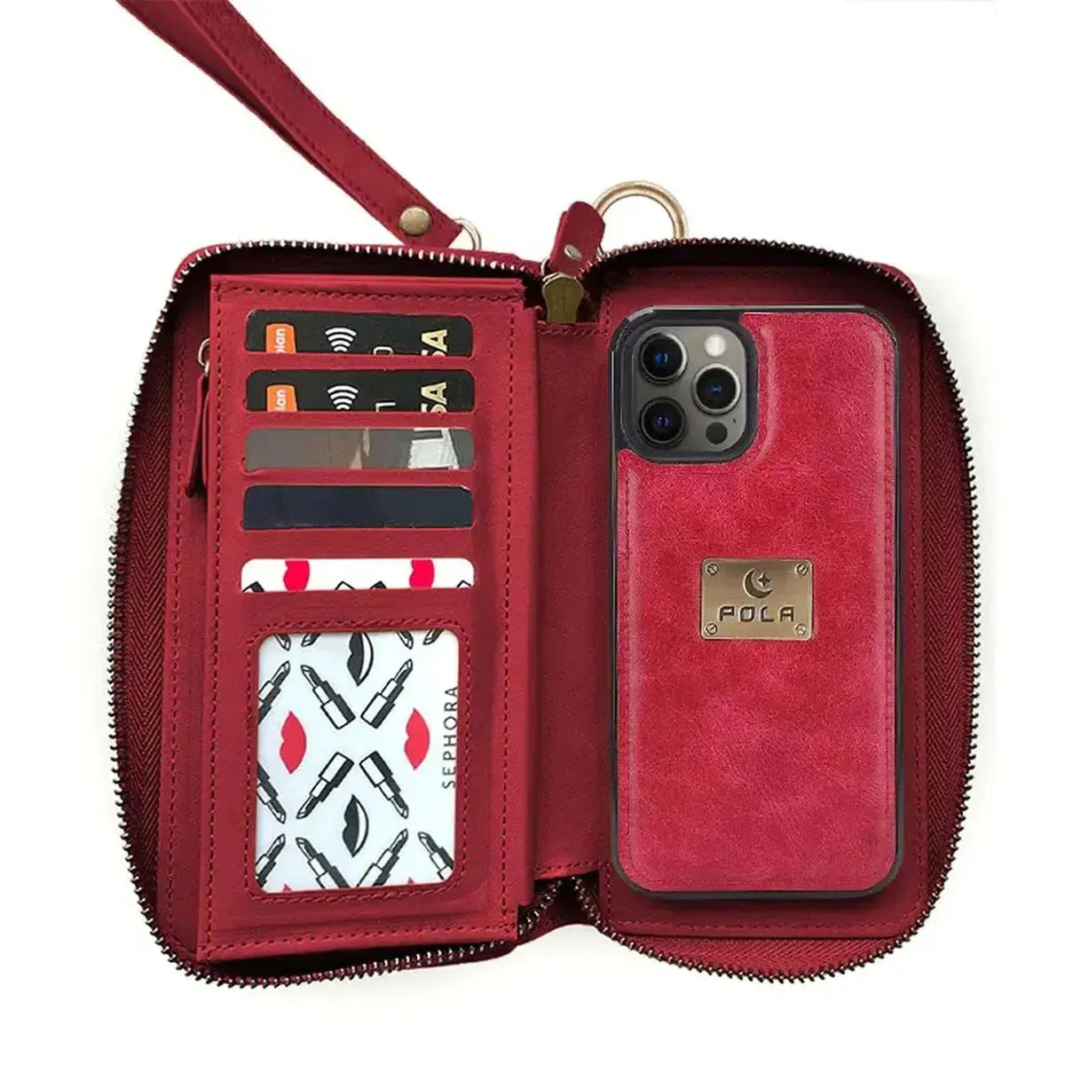Zipper Wallet iPhone Case with Detachable Phone Holder
