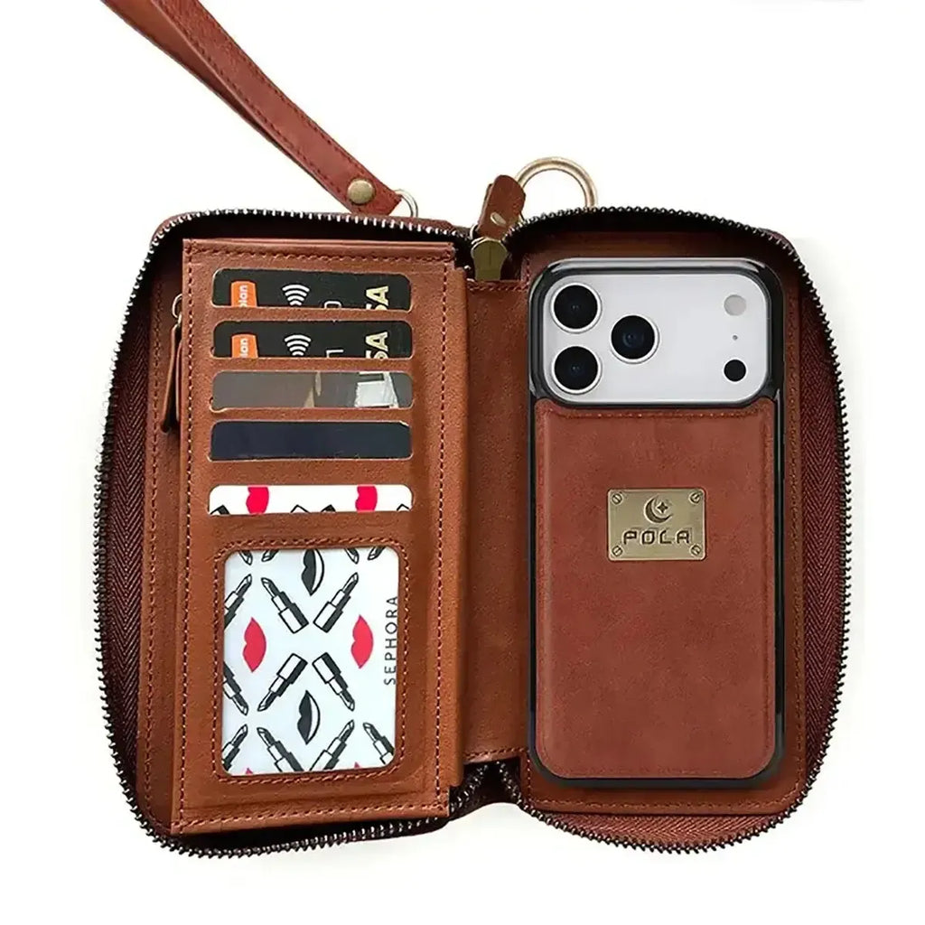 Zipper Wallet iPhone Case with Detachable Phone Holder