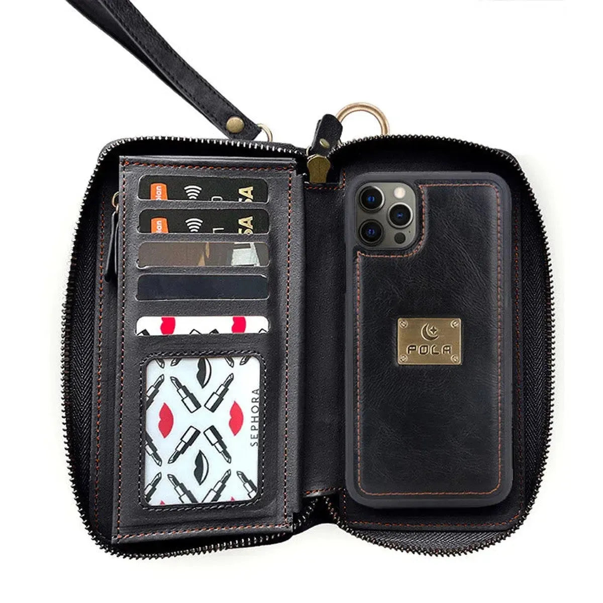 Zipper Wallet iPhone Case with Detachable Phone Holder
