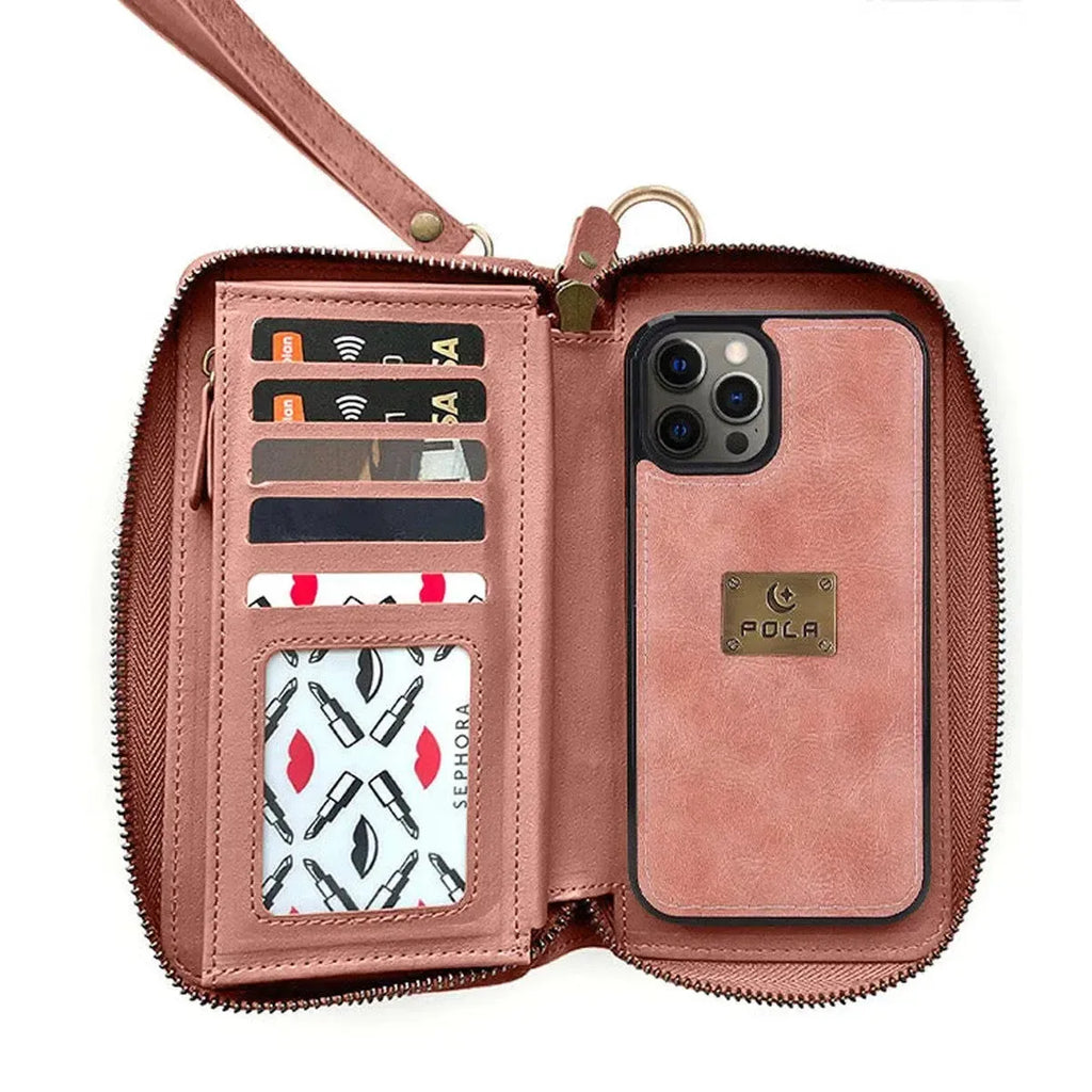 Zipper Wallet iPhone Case with Detachable Phone Holder