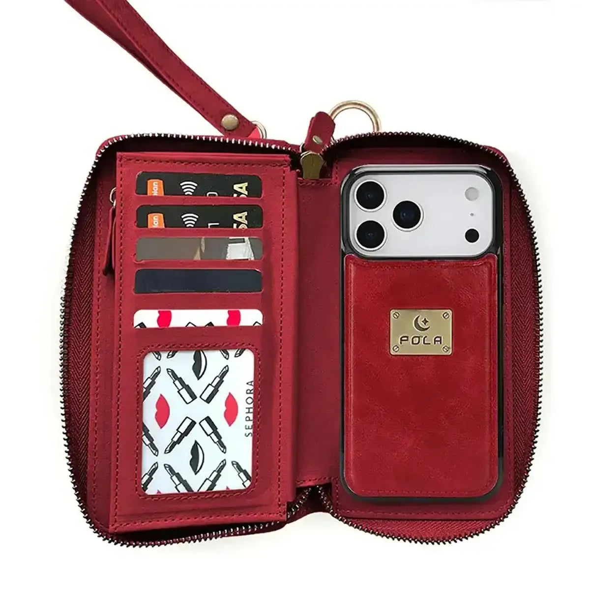Zipper Wallet iPhone Case with Detachable Phone Holder