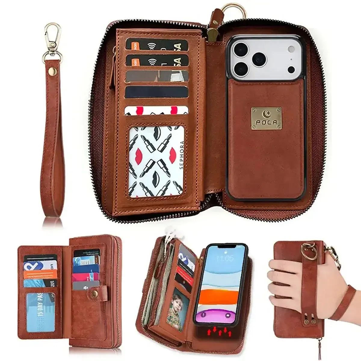 Zipper Wallet iPhone Case with Detachable Phone Holder
