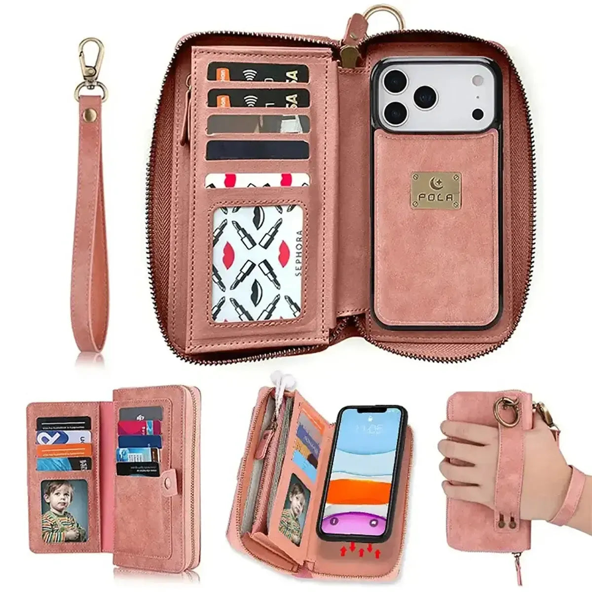 Zipper Wallet iPhone Case with Detachable Phone Holder