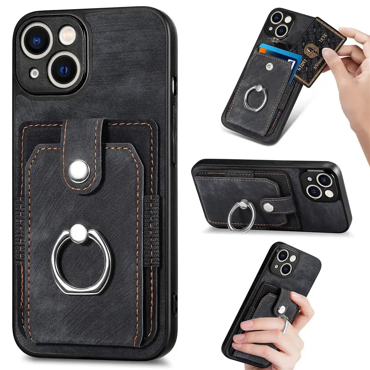 Leather Card Holder iPhone Case with Ring Stand