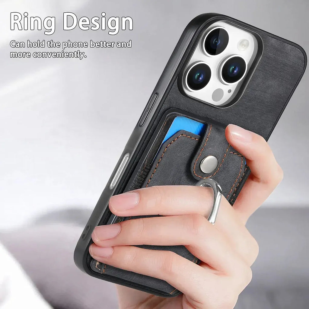 Leather Card Holder iPhone Case with Ring Stand