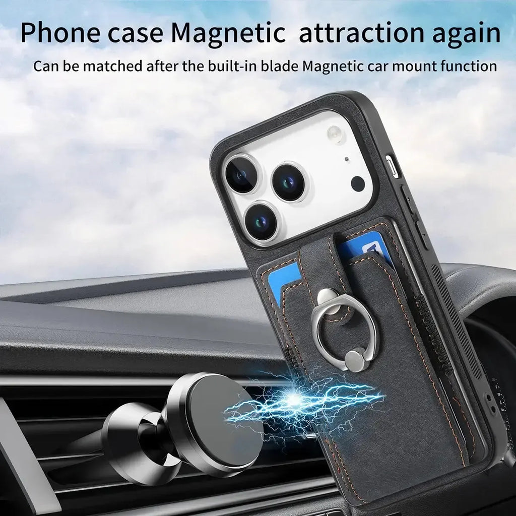 Leather Card Holder iPhone Case with Ring Stand