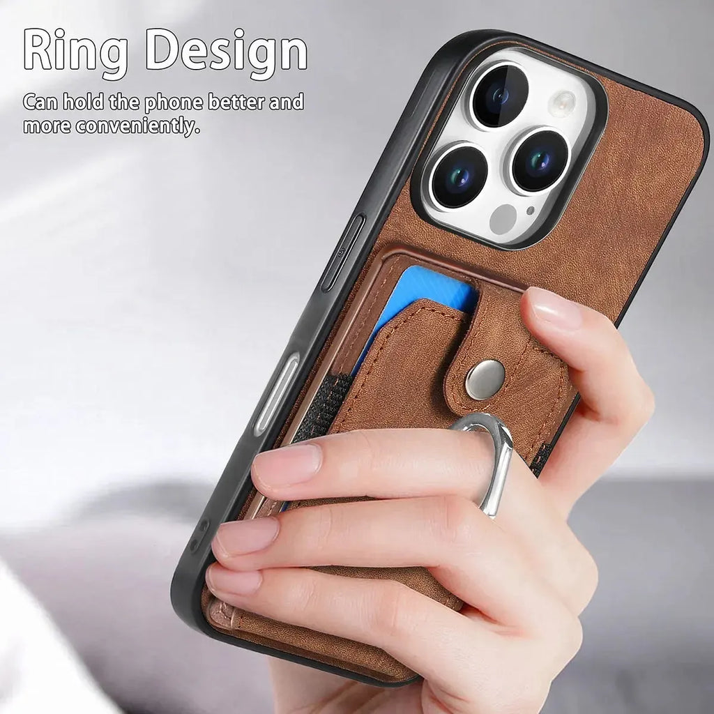 Leather Card Holder iPhone Case with Ring Stand