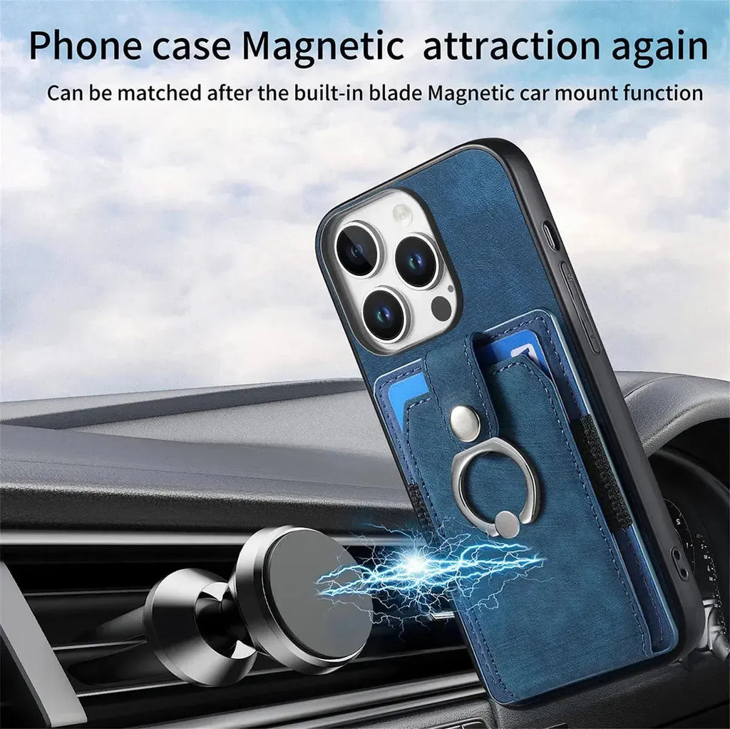 Leather Card Holder iPhone Case with Ring Stand