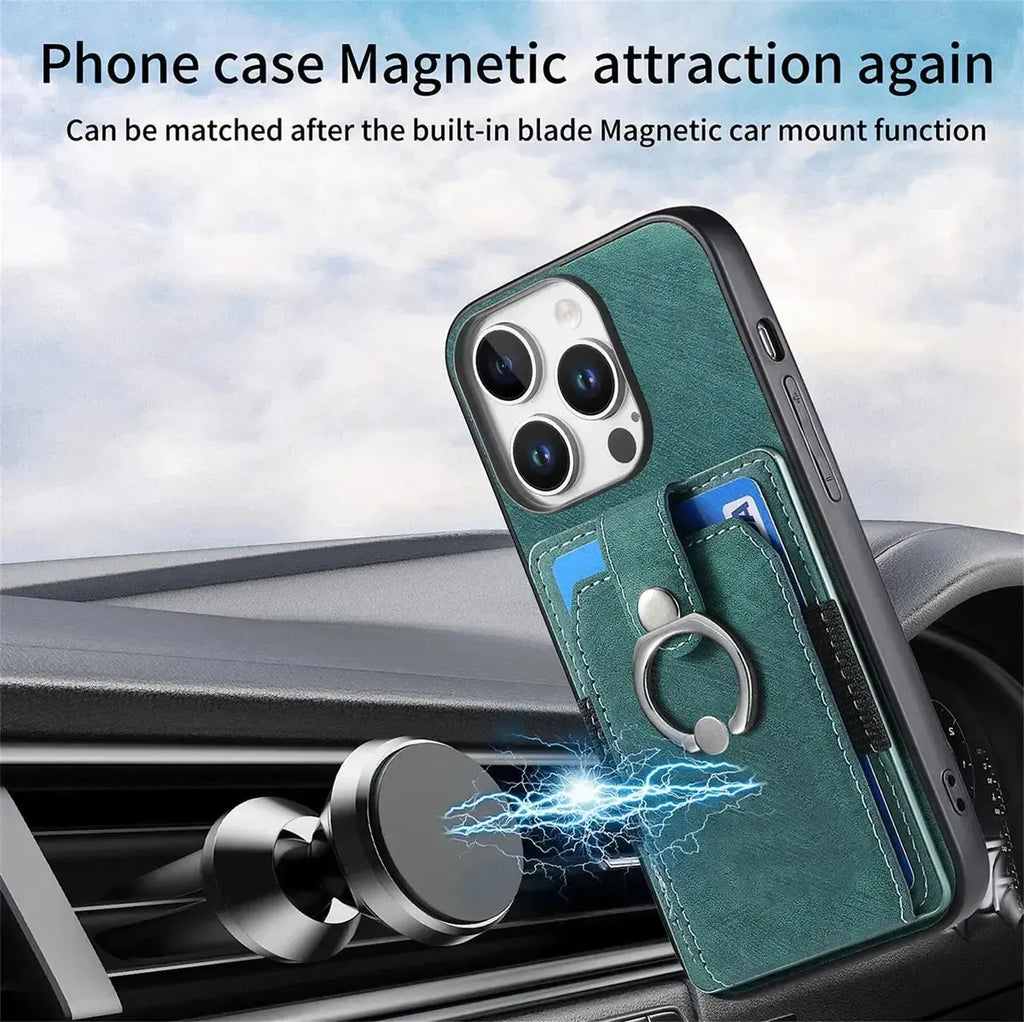 Leather Card Holder iPhone Case with Ring Stand
