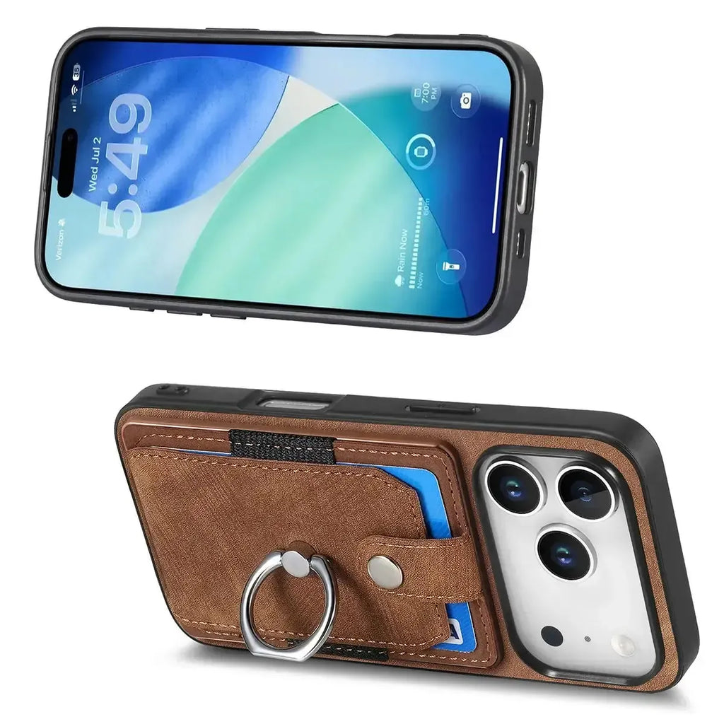 Leather Card Holder iPhone Case with Ring Stand