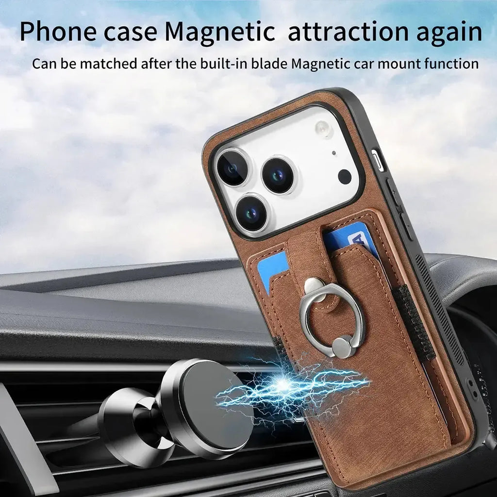 Leather Card Holder iPhone Case with Ring Stand
