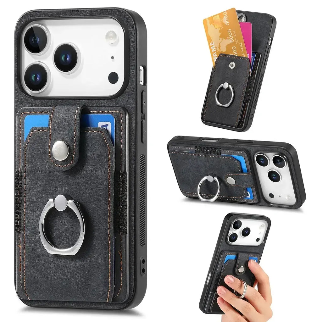 Leather Card Holder iPhone Case with Ring Stand