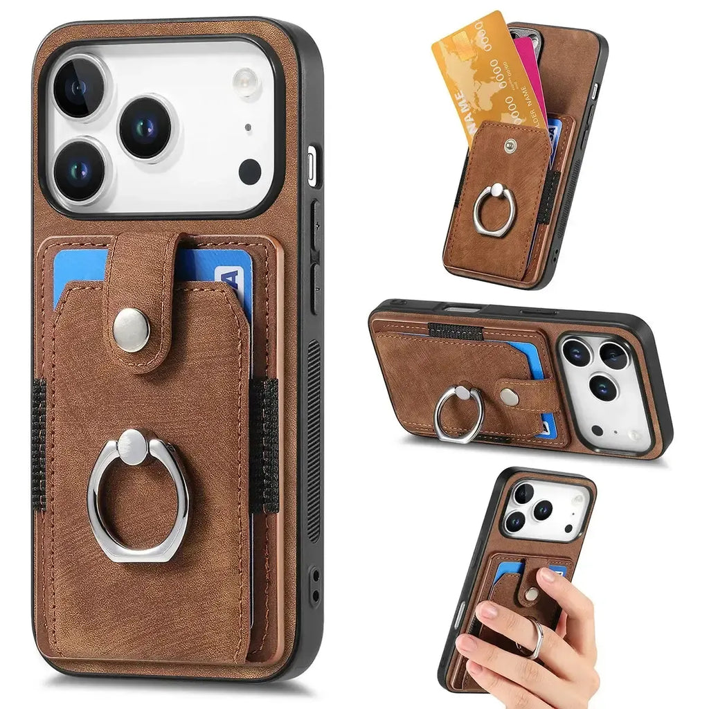 Leather Card Holder iPhone Case with Ring Stand