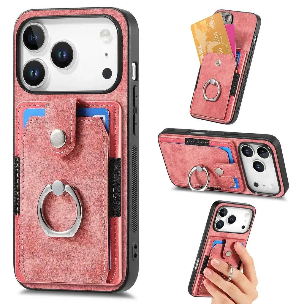 Leather Card Holder iPhone Case with Ring Stand