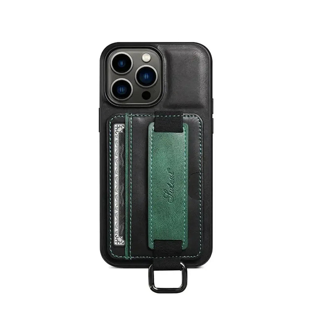 Leather Card Holder iPhone Case with Finger Strap