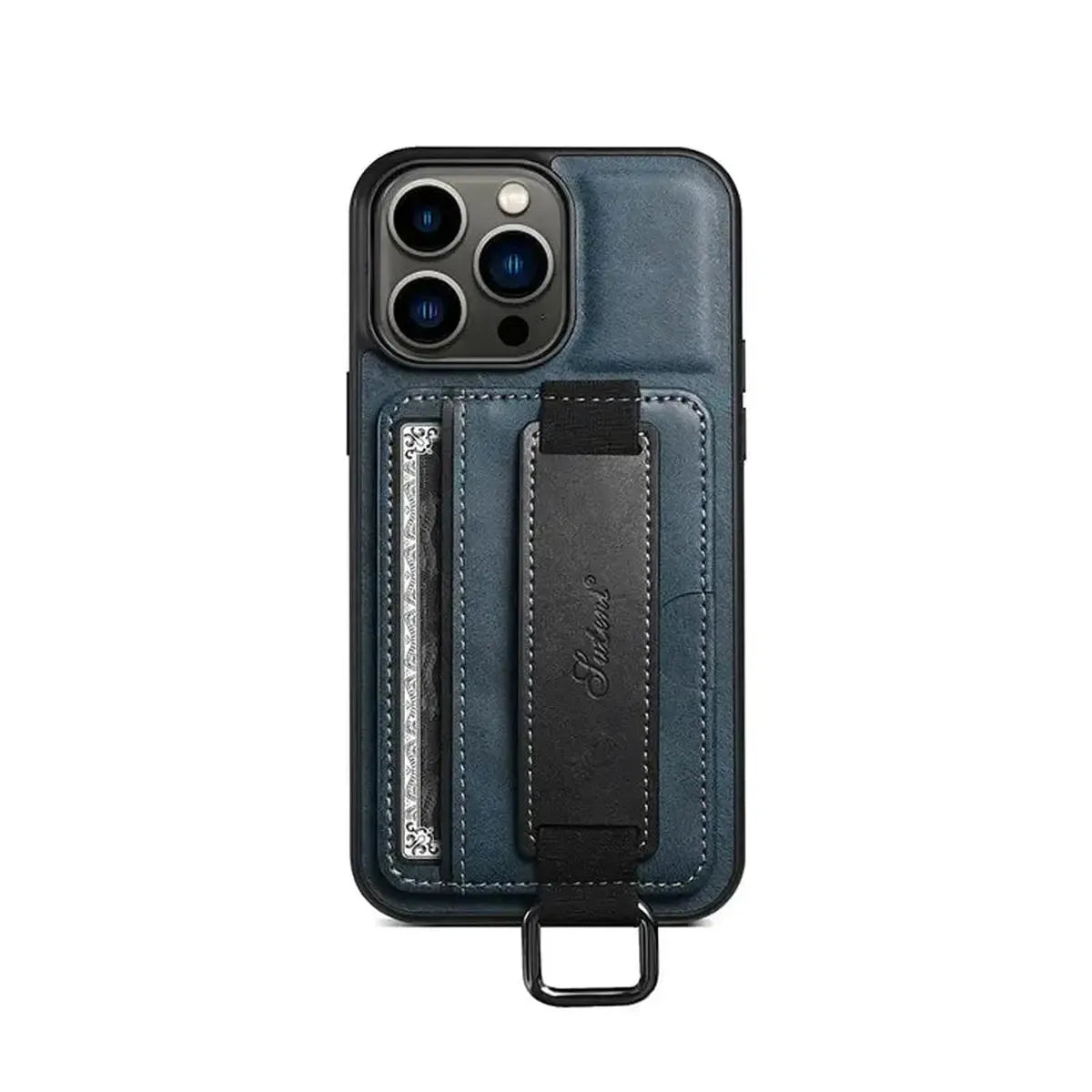 Leather Card Holder iPhone Case with Finger Strap