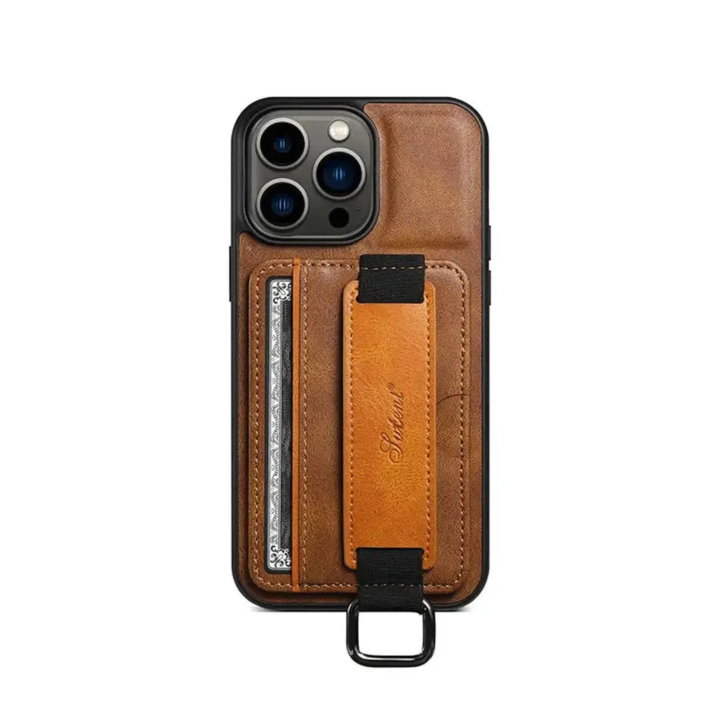 Leather Card Holder iPhone Case with Finger Strap
