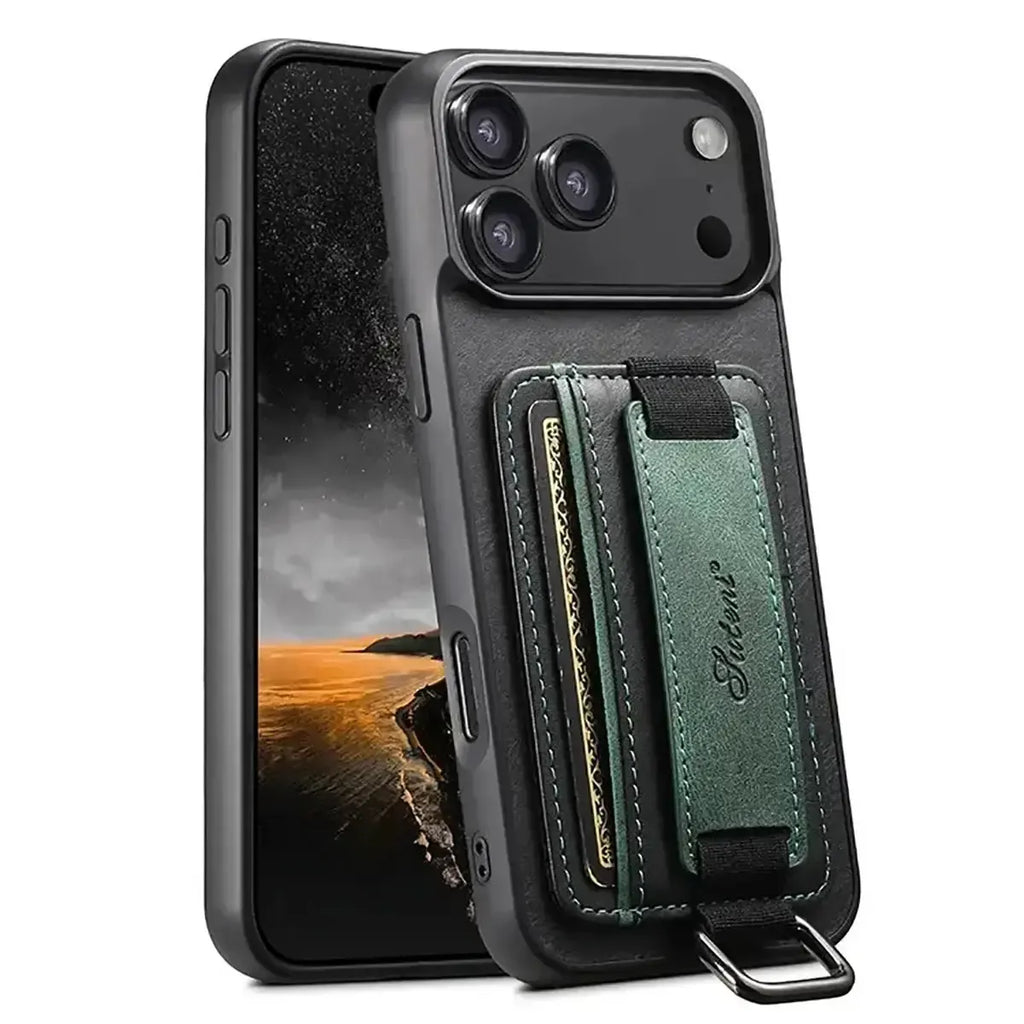 Leather Card Holder iPhone Case with Finger Strap
