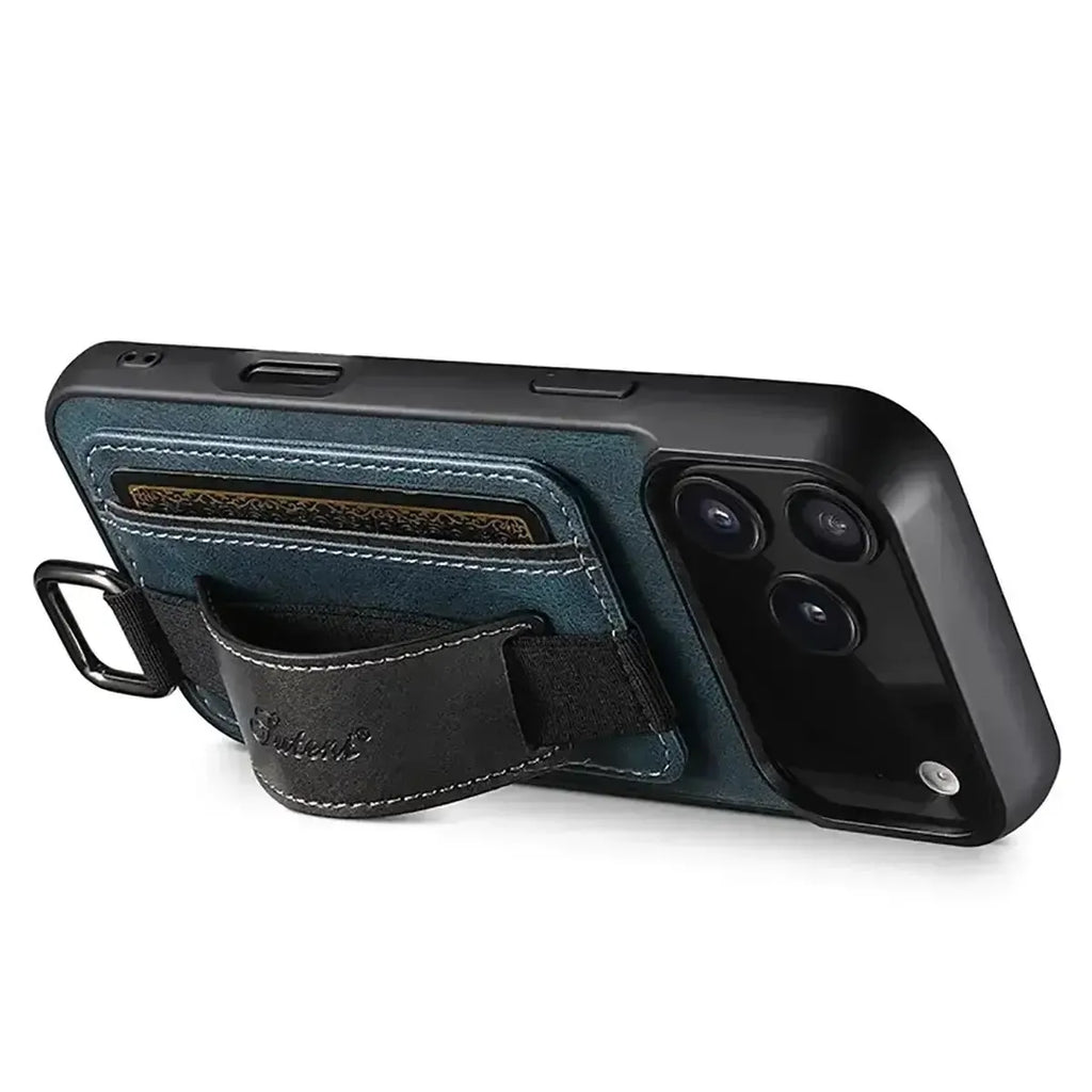 Leather Card Holder iPhone Case with Finger Strap