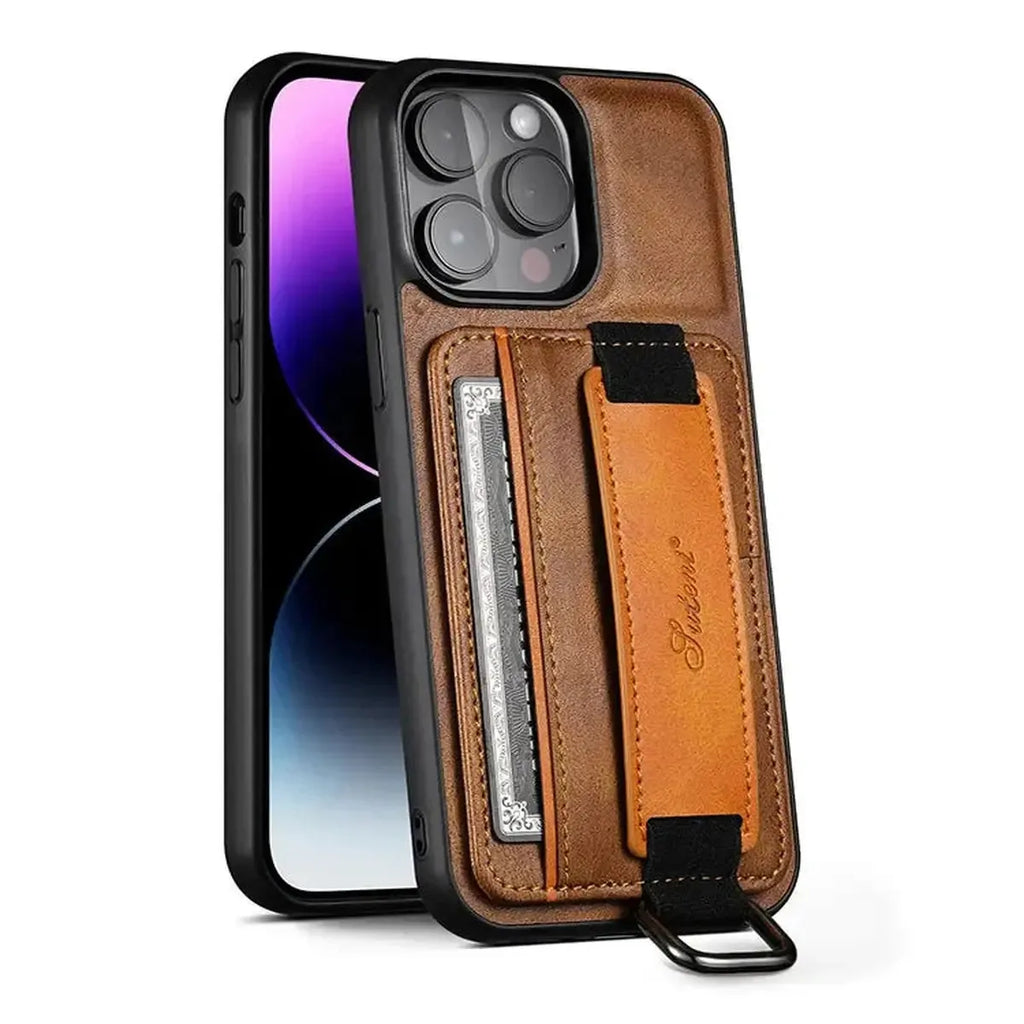 Leather Card Holder iPhone Case with Finger Strap