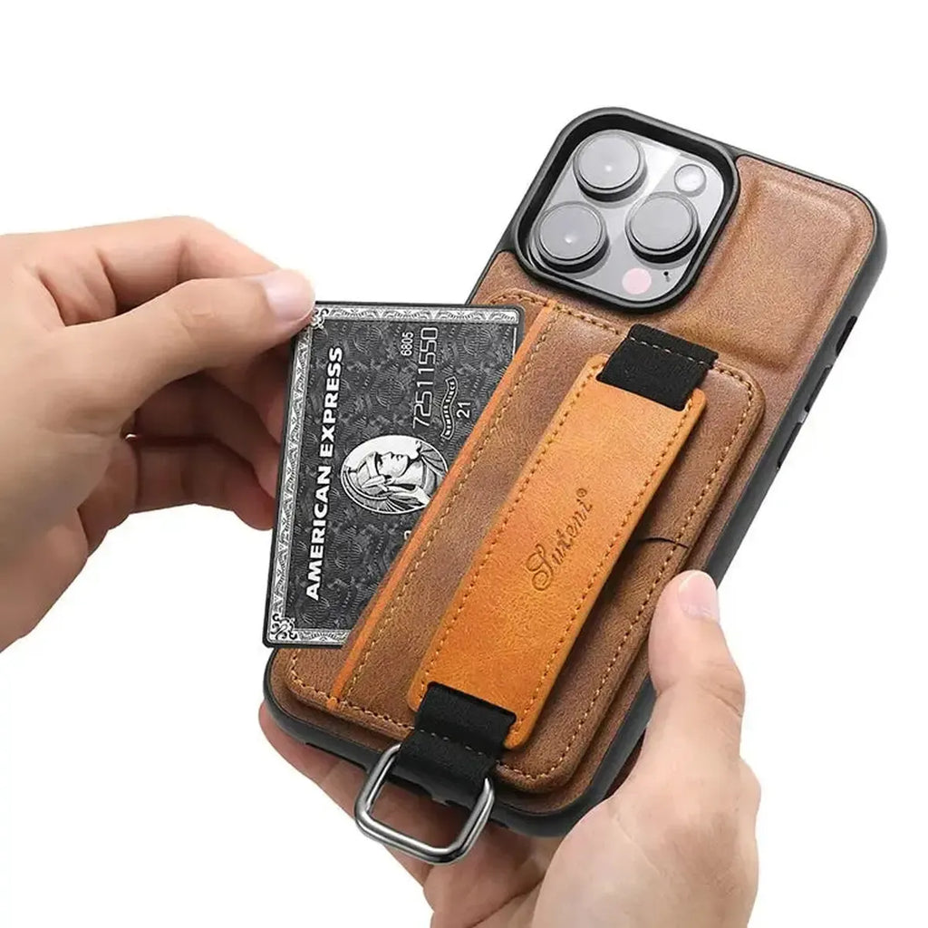 Leather Card Holder iPhone Case with Finger Strap