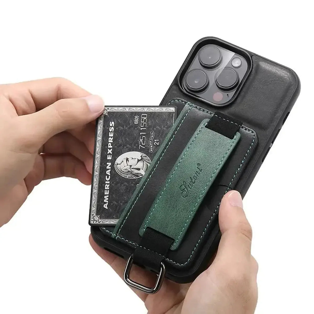Leather Card Holder iPhone Case with Finger Strap