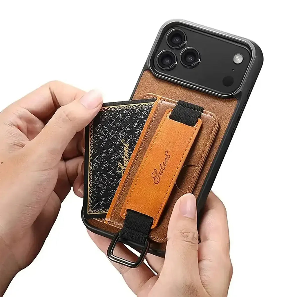 Leather Card Holder iPhone Case with Finger Strap