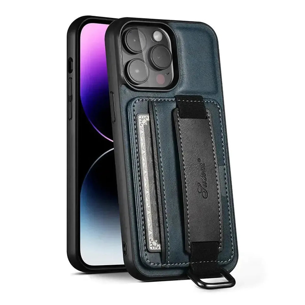 Leather Card Holder iPhone Case with Finger Strap
