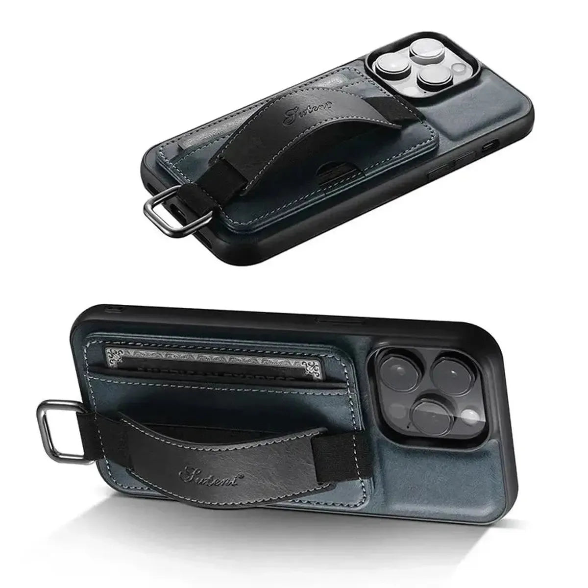 Leather Card Holder iPhone Case with Finger Strap