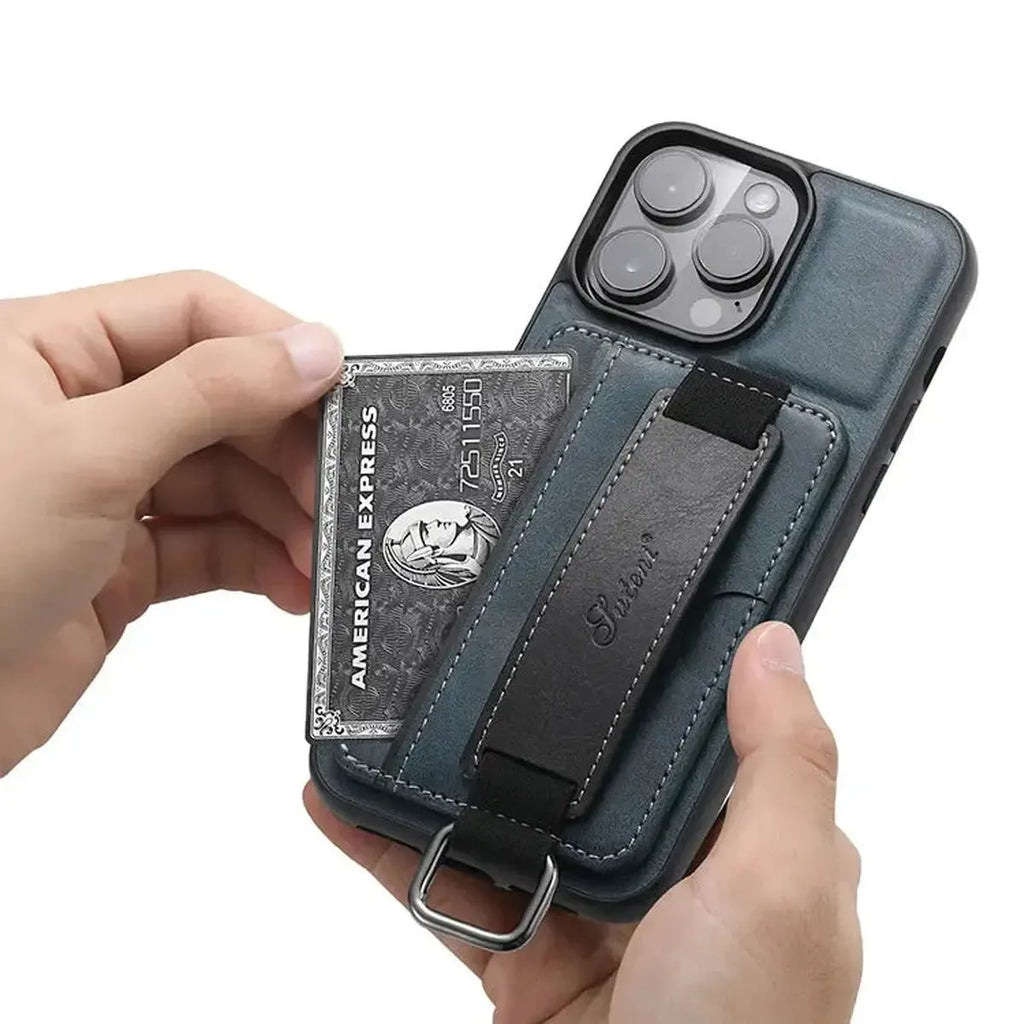 Leather Card Holder iPhone Case with Finger Strap