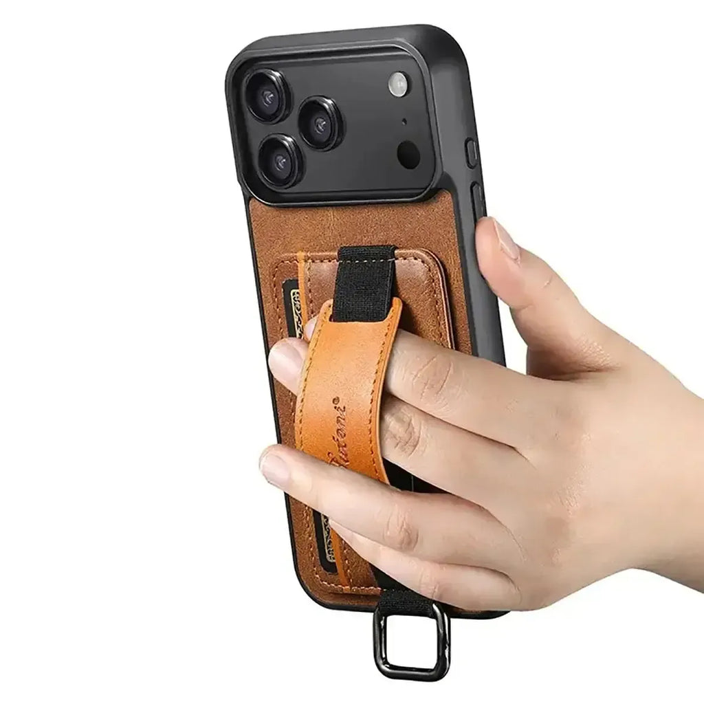Leather Card Holder iPhone Case with Finger Strap
