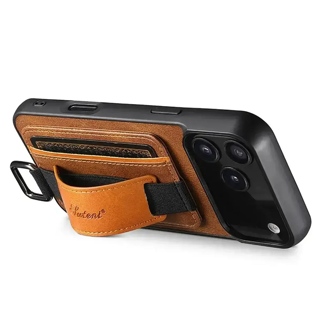 Leather Card Holder iPhone Case with Finger Strap