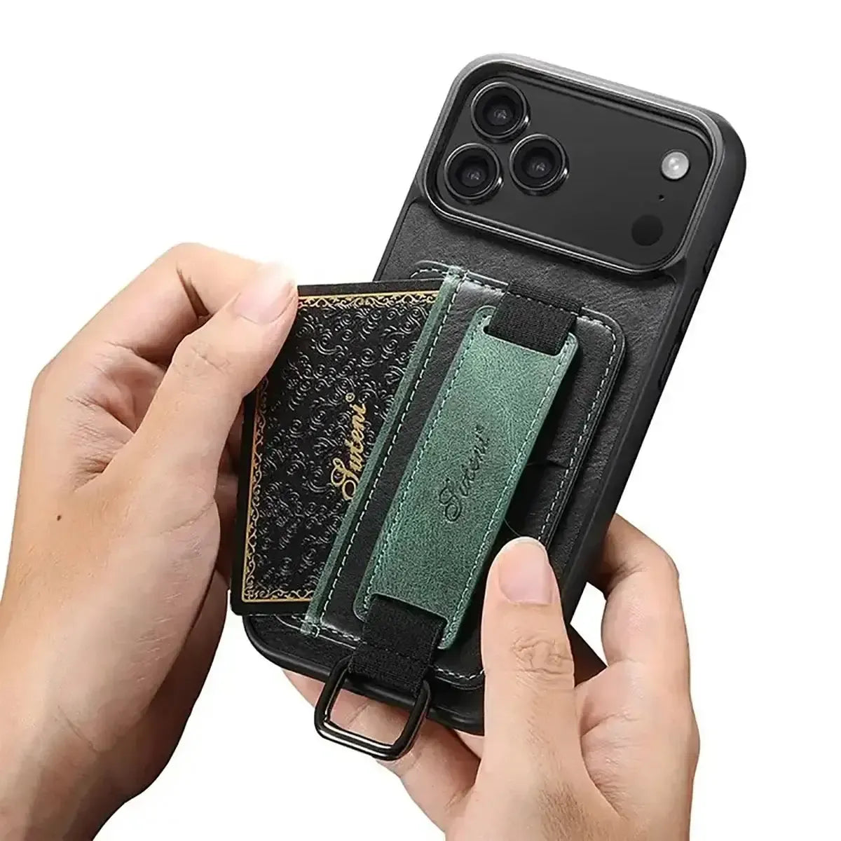 Leather Card Holder iPhone Case with Finger Strap