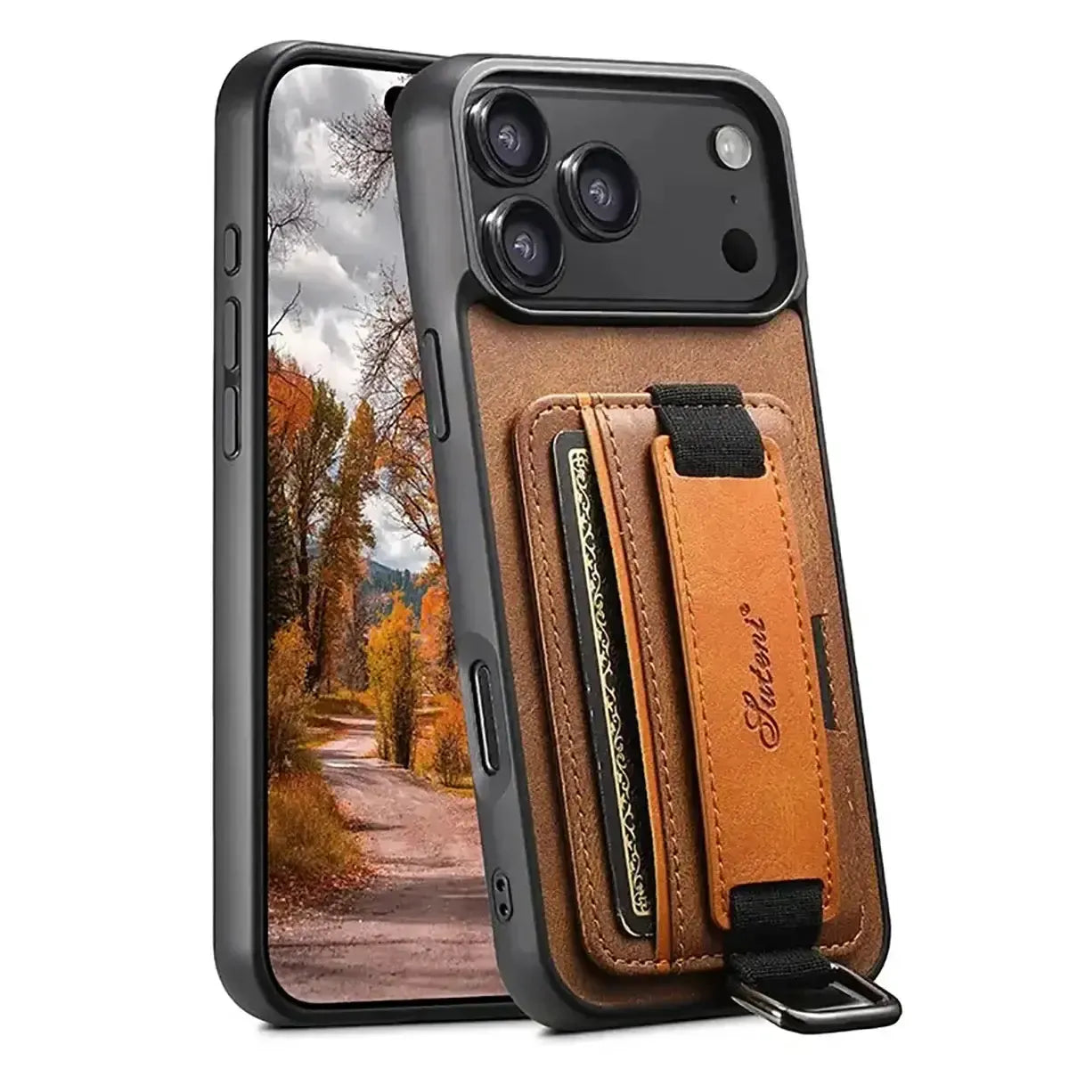 Leather Card Holder iPhone Case with Finger Strap