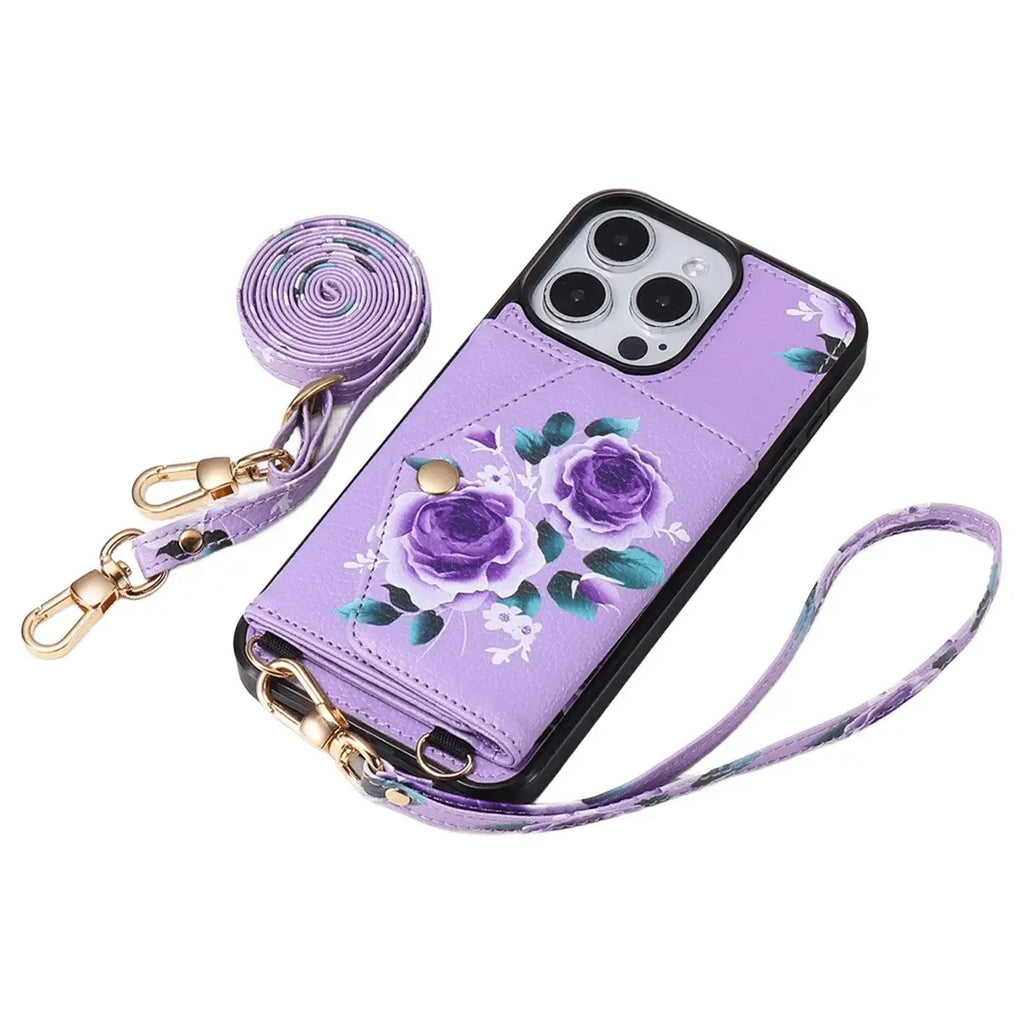 Rose Flower Wallet iPhone Case with Crossbody Strap